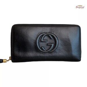 Authentic GUCCI Black Pebbled Leather Soho Interlocking G Zip Around Long Wallet